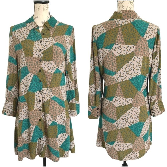 Natural Life Twiggy Green Floral mini Shirt dress S Boho long sleeve Patchwork - Picture 4 of 16